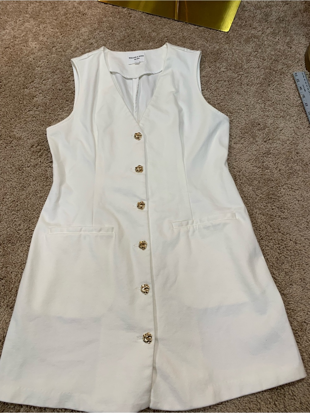 Sleeveless White Button-Front Vest- Dress with Gold Buttons